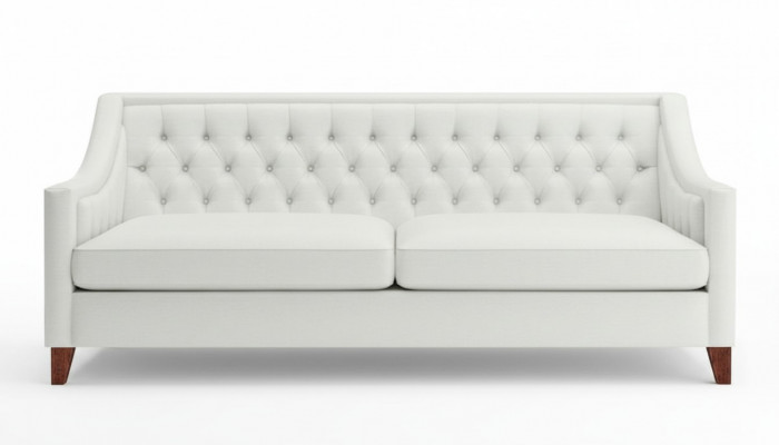 Witte driezits Chesterfield, modern design bankstel van textiel, nieuw origineel meubel.