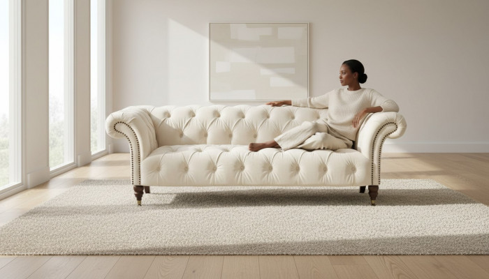 Beige Chesterfield Driezits Modern Design Bank Stoffen Bank Designermeubels