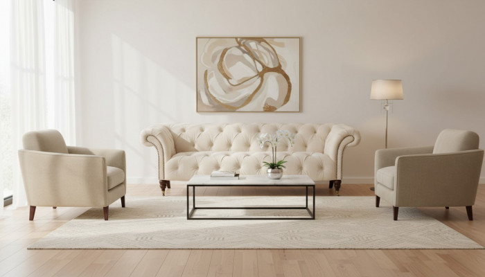 Beige Chesterfield Driezits Modern Design Bank Stoffen Bank Designermeubels
