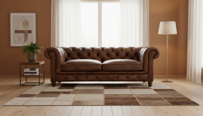 Chesterfield Bruin Driezitsbank Leer Woonkamer Modern Design Banken Sofa Nieuw