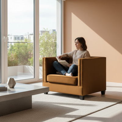 Moderne fauteuil Chesterfield van textiel stof in het bruin. Creatieve meubels voor de woonkamer.