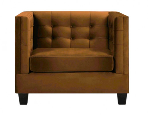 Moderne fauteuil Chesterfield van textiel stof in het bruin. Creatieve meubels voor de woonkamer.