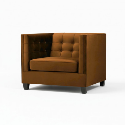 Moderne fauteuil Chesterfield van textiel stof in het bruin. Creatieve meubels voor de woonkamer.
