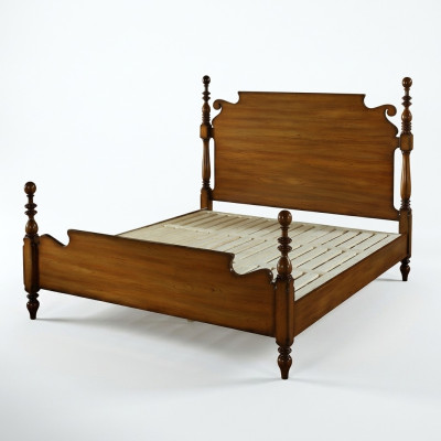 Nostalgisch bed van echt hout met kunstig gedraaide elementen.
