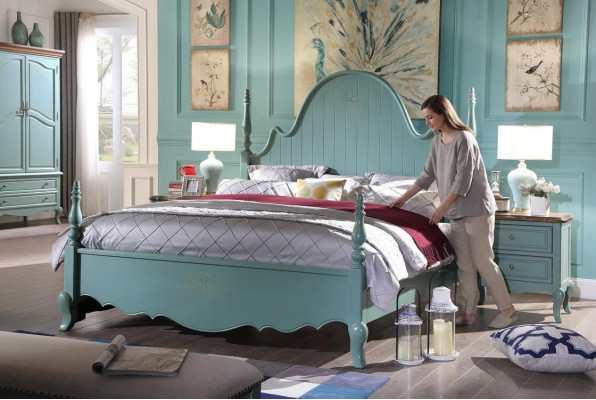 Landhuis Slaapkamer Blauw Bed Hout Klassieke Meubels Bedden 180x200cm Set Nieuw