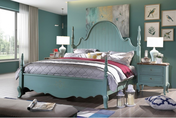 Landhuis Slaapkamer Blauw Bed Hout Klassieke Meubels Bedden 180x200cm Set Nieuw