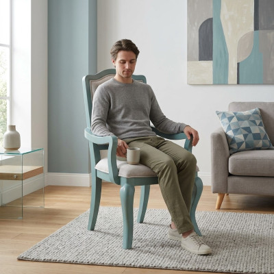 Stoel Blauw Design Woonkamer Eetkamer Houten Stoelen Bekleed met Armleuning Nieuw