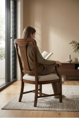 Klassieke stoel eetkamerstoel hout bruin armleuningen fauteuil leunstoel stoelen