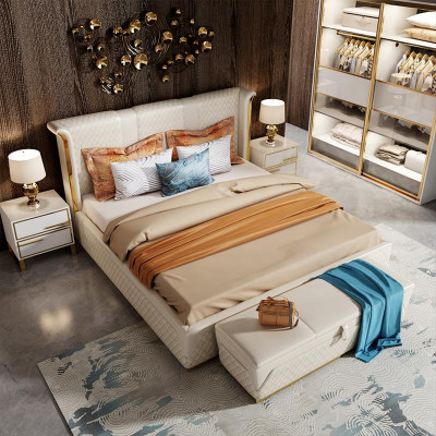 Tweepersoonsbed, klassiek bed, designer gestoffeerde bedden frame, textiel, leer, wit