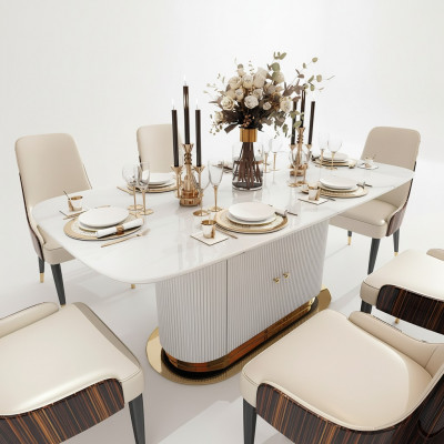 Marmor Designer Ess Tafels + 6 Stoelen Set Garnituur Kamer Groep 7 delig. Tafels