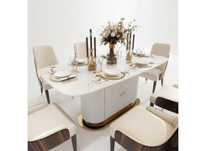 Marmor Designer Ess Tafels + 6 Stoelen Set Garnituur Kamer Groep 7 delig. Tafels