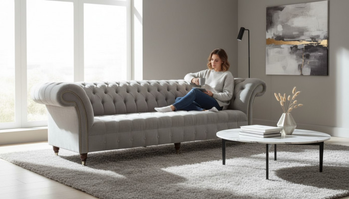 Grijze Big Sofa Couch Chesterfield 265cm Gestoffeerde Bankstellen 4-zits Leer