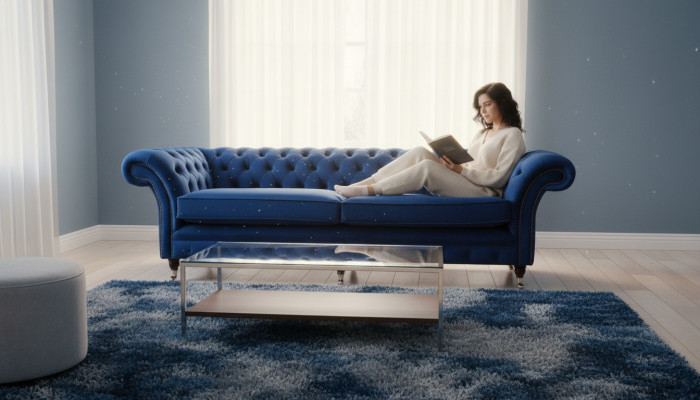 Blauwe XXL Grote Bank Couch Chesterfield 265cm Gestoffeerde Banken 4 Zits