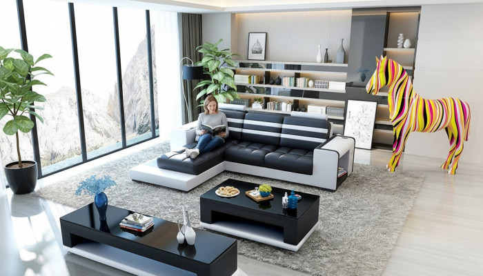 Hoekbank gestoffeerde L-vorm salontafel dressoir leren bank woonlandschap nieuw