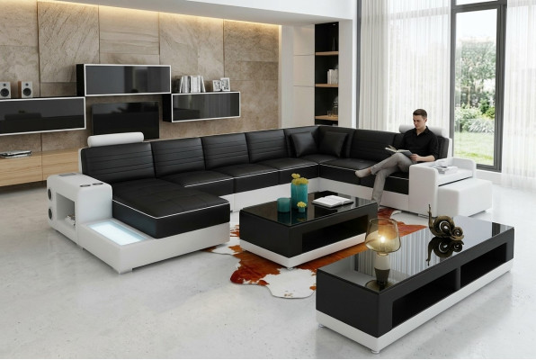 Hoekbank U-vormig Dressoir Salontafel Bank Ontwerp Zwart Bekleed Leer Modern