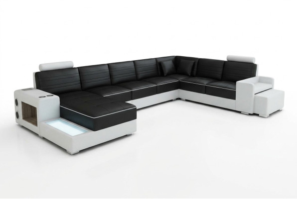 Hoekbank U-vormig Dressoir Salontafel Bank Ontwerp Zwart Bekleed Leer Modern