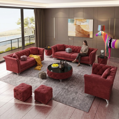 Chesterfield Set 8-delige set bankstel bekleding bijzettafel salontafel sofa