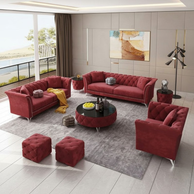 Chesterfield Set 8-delige set bankstel bekleding bijzettafel salontafel sofa