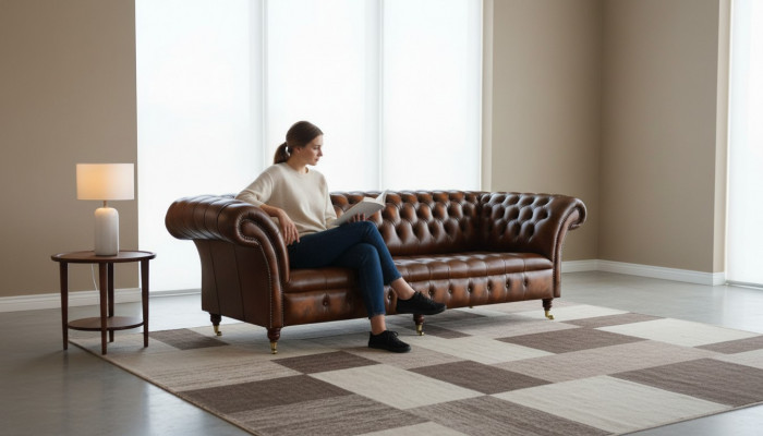 Bruine Chesterfield Sofa Bank Bekleding Leren Bankstel 4-zits