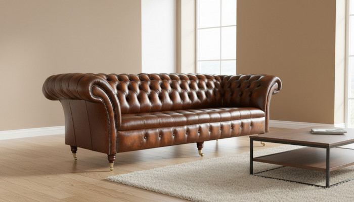 Bruine Chesterfield Sofa Bank Bekleding Leren Bankstel 4-zits