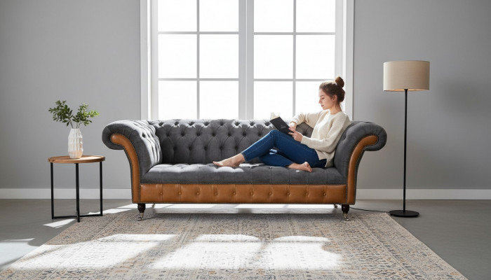 Chesterfield Bank Bank Bekleding 3 Zits Grijs Textiel Stof Grijze Banken
