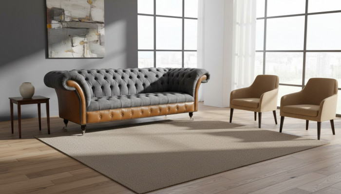 Chesterfield Bank Bank Bekleding 3 Zits Grijs Textiel Stof Grijze Banken