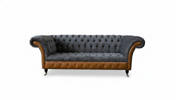 Chesterfield Bank Bank Bekleding 3 Zits Grijs Textiel Stof Grijze Banken