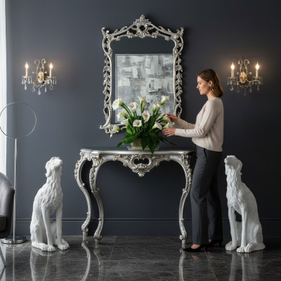 Barokke console tafel dressoir wandtafel gang tafel klassiek hout zilver nieuw