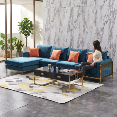 Hoekbank L-vorm Salontafel Bank Bank Ontwerp Bekleding Luxe Blauw Tafel