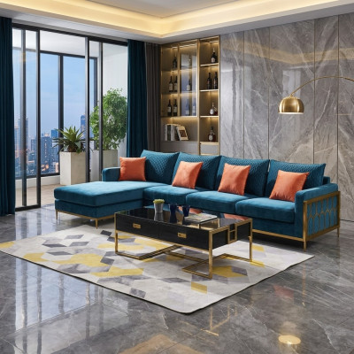 Hoekbank L-vorm Salontafel Bank Bank Ontwerp Bekleding Luxe Blauw Tafel
