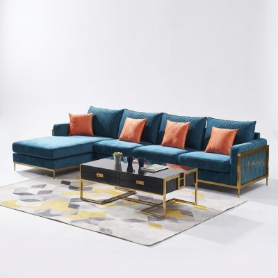 Hoekbank L-vorm Salontafel Bank Bank Ontwerp Bekleding Luxe Blauw Tafel
