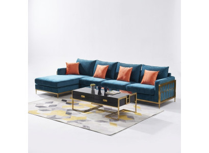 Hoekbank L-vorm Salontafel Bank Bank Ontwerp Bekleding Luxe Blauw Tafel