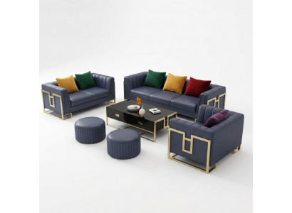 Blauw leren bankstel 3+2 zits set gestoffeerde banken woonkamer bankstellen