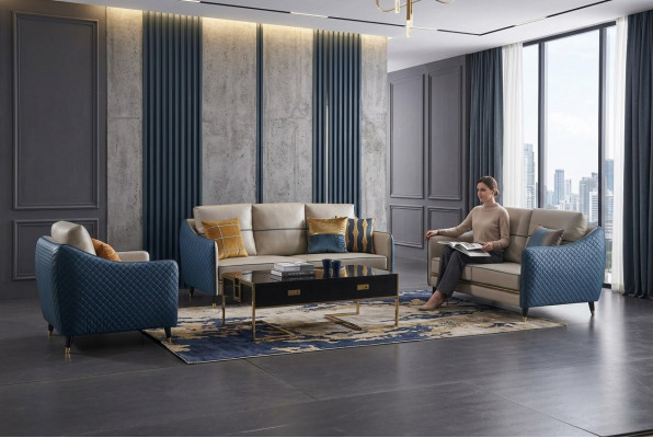 Blauw-Beige Bankstel 3+2 Lederen Zitbank Set Design Gestoffeerde Bankstellen Decoratie Meubels