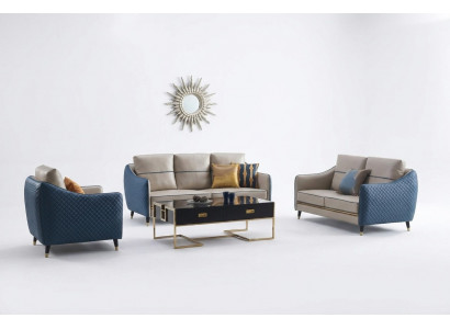 Blauw-Beige Bankstel 3+2 Lederen Zitbank Set Design Gestoffeerde Bankstellen Decoratie Meubels