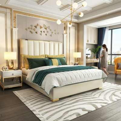 Klassieke slaapkamerbed Wit Textiel Bedden Lederen bekleding Tweepersoons