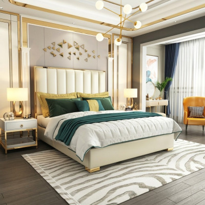 Klassieke slaapkamerbed Wit Textiel Bedden Lederen bekleding Tweepersoons