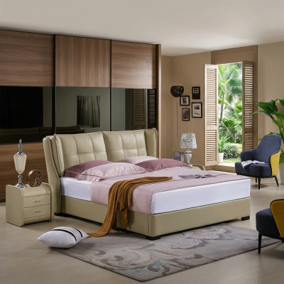 Klassieke slaapkamer bed Beige Textiel Bedden Lederen Bekleding Dubbel 180x200cm.
