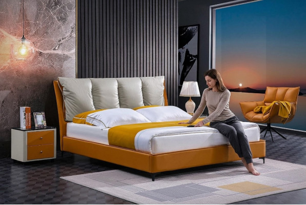 Luxe Bed Ontwerp Stof Hotel Oranje Bedden Slaapkamer Meubels Hotel Dubbel Nieuw