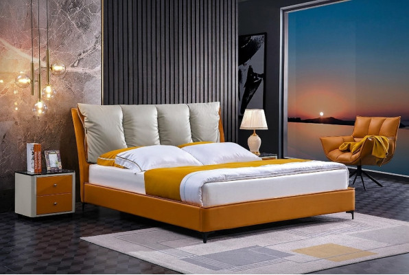 Luxe Bed Ontwerp Stof Hotel Oranje Bedden Slaapkamer Meubels Hotel Dubbel Nieuw