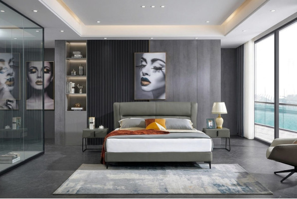 Slaapkamer lederen bed Compleet bed 3-delige set Hotelsets Nachtkastjes.