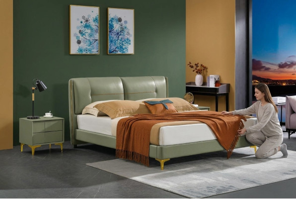 Leren bed gestoffeerd ontwerp luxe dubbel hotel slaapkamer bed ontwerp.