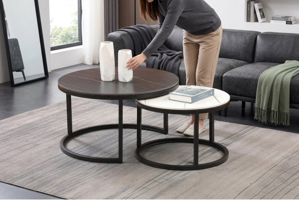 Woonkamer Ronde Set 2x Salontafel Koffietafel Bijzettafel Ontwerper Familienzimmer Rundset 2x Couchtisch Beistelltisch Designer