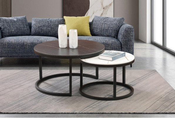 Woonkamer Ronde Set 2x Salontafel Koffietafel Bijzettafel Ontwerper Familienzimmer Rundset 2x Couchtisch Beistelltisch Designer