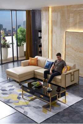 Luxe design hoekbank met lederen bekleding, zitgedeelte, Italiaanse woonlandschap.
