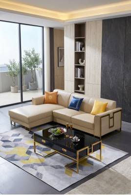 Luxe design hoekbank met lederen bekleding, zitgedeelte, Italiaanse woonlandschap.