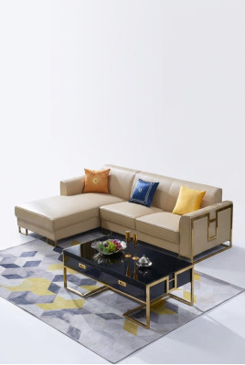 Luxe design hoekbank met lederen bekleding, zitgedeelte, Italiaanse woonlandschap.