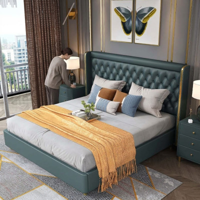 Slaapkamer Bed Nachtkastjes 3-delige set Design Decoratie Luxe Bedden Leer