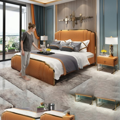 Ontwerp leren bed slaapkamer 3-delig set 2x nachtkastje bedden luxe meubels