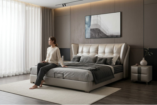 Grijze slaapkamer bedden gestoffeerd bed Chesterfield Italiaanse meubels